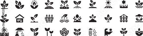 Sustainable Agriculture Flat Vector Icon Set. Organic Farming, Eco Agriculture, Renewable Farm Energy, Precision Agriculture Icons.