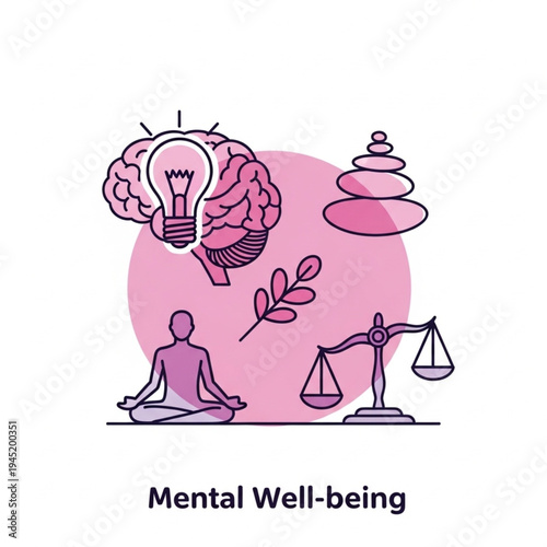 Mental Well-being Illustration - Brain, Meditation, Balance, and Harmony.