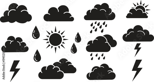 Weather icons set including clouds sun rain and lightning bolts in black silhouette on white background for forecasting and meteorology purposes