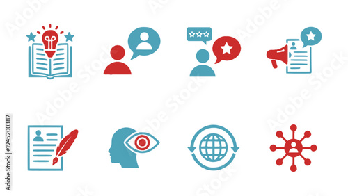 Vector icons illustrating digital marketing, social media interaction, messaging, and online promotion.
