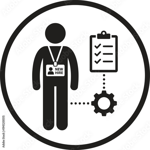 Icon representing the employee onboarding process with a new hire person, checklist, and gear.