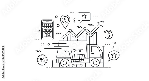 E-commerce growth with delivery truck and online store illustration.