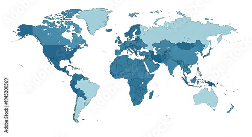 World Map Illustration with Blue Tones Depicting Global Geography.