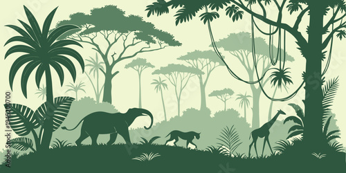 Jungle forest silhouette, rainforest background. Amazon forest scenery, jungle environment vector backdrop, wallpaper with palm trees, lianas, animals silhouettes