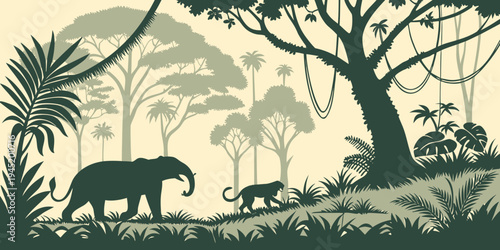 Jungle forest silhouette, rainforest background. Amazon forest scenery, jungle environment vector backdrop, wallpaper with palm trees, lianas, animals silhouettes