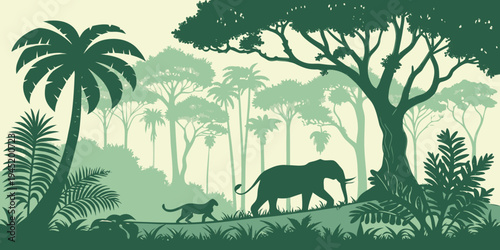 Jungle forest silhouette, rainforest background. Amazon forest scenery, jungle environment vector backdrop, wallpaper with palm trees, lianas, animals silhouettes