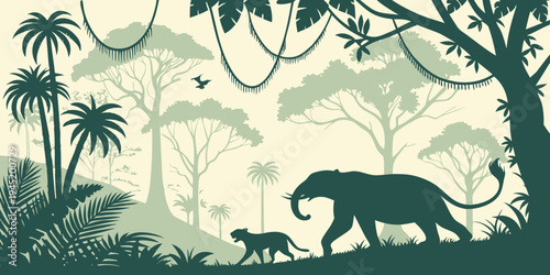 Jungle forest silhouette, rainforest background. Amazon forest scenery, jungle environment vector backdrop, wallpaper with palm trees, lianas, animals silhouettes