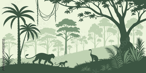 Jungle forest silhouette, rainforest background. Amazon forest scenery, jungle environment vector backdrop, wallpaper with palm trees, lianas, animals silhouettes