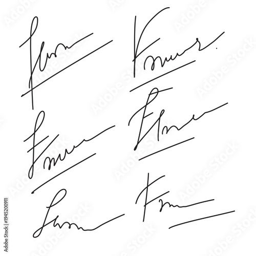 Set of different fake autographs and signatures, mimicking authenticity for certificates, letters or documents, featuring handcrafted doodles and scribbles, vector illustration in eps 10.