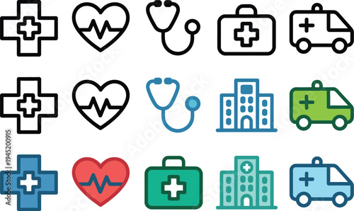Medical and healthcare icon set, versatile black and white and colored vector icons including cross heart stethoscope hospital and ambulance for healthcare apps and professional medical graphics.
