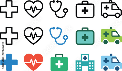 Medical and healthcare icon set, collection of line solid glyph and flat color icons featuring cross heart stethoscope hospital and ambulance for health and wellness design.
