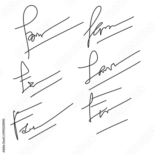 Set of different fake autographs and signatures, mimicking authenticity for certificates, letters or documents, featuring handcrafted doodles and scribbles, vector illustration in eps 10.