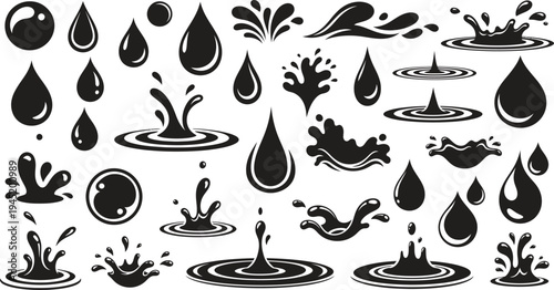 Collection of black and white water droplet icons and splashes