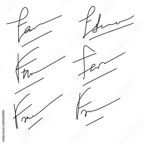 Set of different fake autographs and signatures, mimicking authenticity for certificates, letters or documents, featuring handcrafted doodles and scribbles, vector illustration in eps 10.