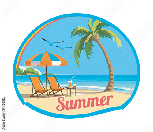 Beautiful summer holiday badge design with deck chairs palm tree umbrella and rainbow ocean border