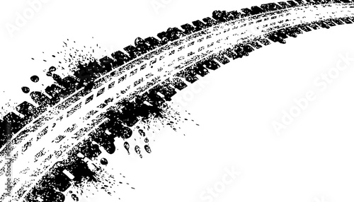 A black tire track illustration on a white background with smudges