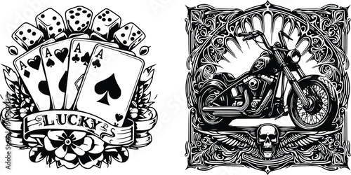 A black and white illustration of two tattoo-style designs, one with playing cards and dice surrounded by a floral pattern with the word 'LUCKY' and the other with a motorcycle and skull, on a white b