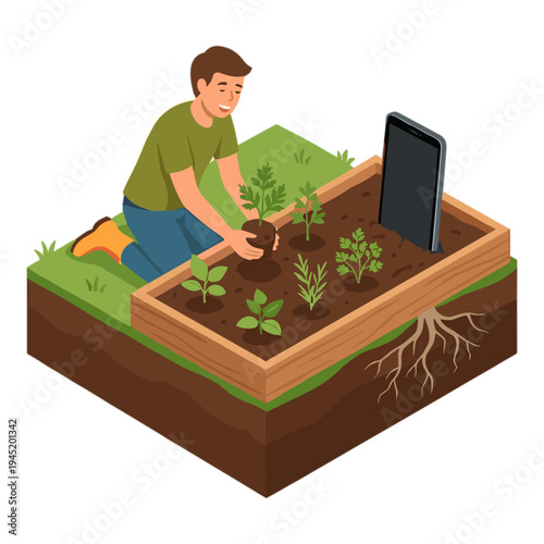 Man planting seedlings in raised garden bed with solar panel