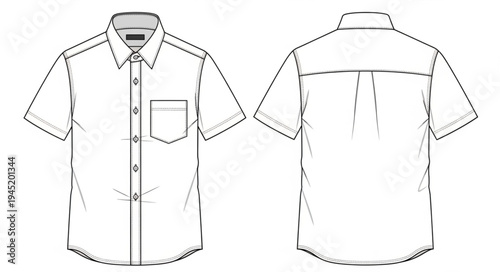 Technical Drawing of a Short-Sleeve Button-Down Shirt.