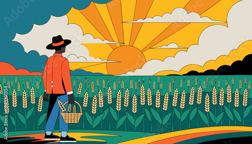 Farmer standing in lush green wheat field at sunset, agriculture and rural life concept, natural lighting.