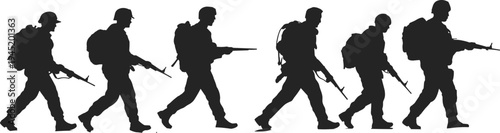 Army soldiers walking with rifles silhouettes, military infantry patrol set, combat troops marching tactical defense vector illustration