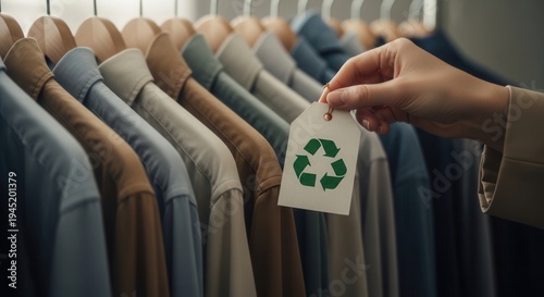 Hand Holding Recycle Tag On Clothes Rack