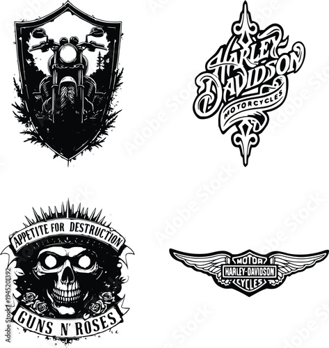 Collection of iconic black and white logos from Harley Davidson and Guns N' Roses, evoking a sense of rebellion and freedom, perfect for music, motorcycle, or lifestyle themes.