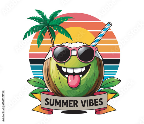 Coconut character wearing pink sunglasses with palm tree and sunset summer vibes banner