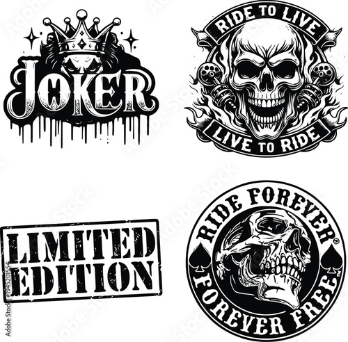 A collection of four black and white biker stickers featuring a joker, skulls, and limited edition text on a white background, perfect for motorcycle enthusiasts and those who love edgy designs.
