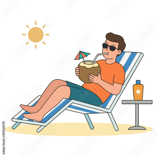 Man relaxing on lounge chair with coconut drink on sunny beach
