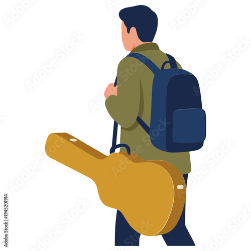 Man walks with guitar case and backpack on city streets