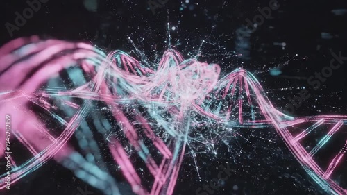 Human hand connects glowing pink blue DNA helixes, sparking vibrant digital energy. Futuristic technology evokes scientific wonder