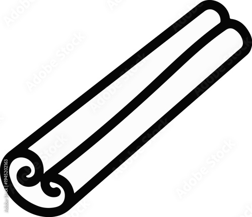 A simple black and white outline of a cinnamon stick with two rolled sections