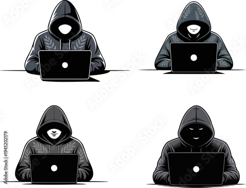 Set of 4 hacker icons vector, hooded figures with laptops