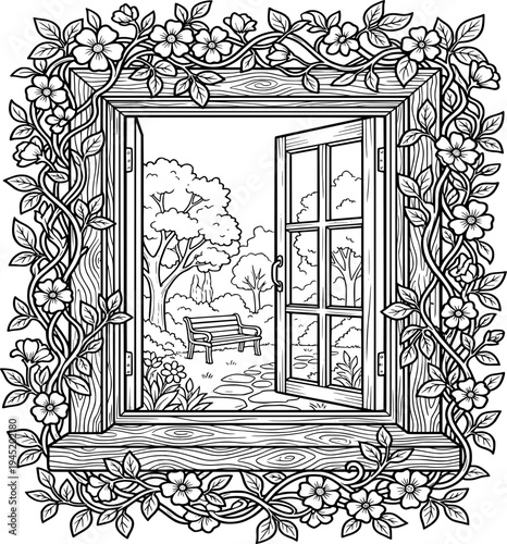 Scenic window view of a secret garden with flowers coloring page