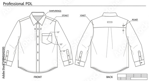 Technical Drawing of a Long-Sleeved Button-Down Shirt with Pocket.