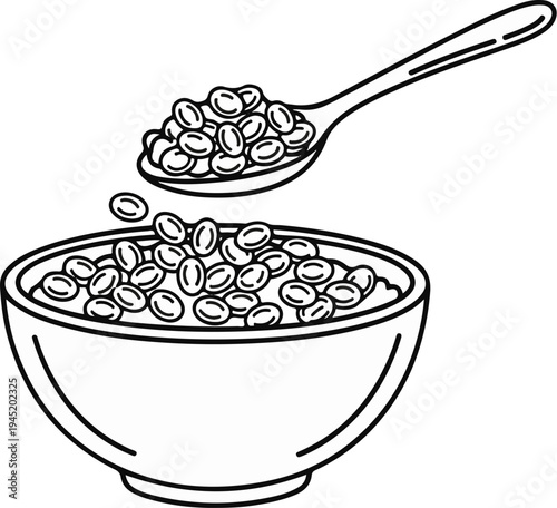 A simple line drawing of a bowl of cereal with a spoon full