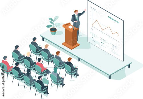 Business presentation seminar with speaker showing financial chart, corporate training conference, audience meeting, analytics report, leadership strategy discussion illustration