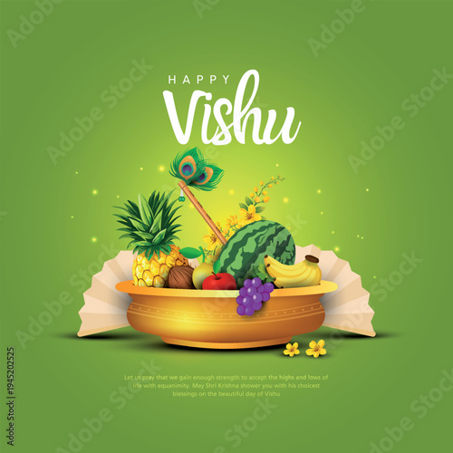 Happy vishu greetings. fruits decoration bowl. Kerala vishu festival vishukkani design. Creative vector illustration.