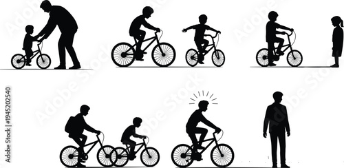 Silhouette of life stages learning to ride a bicycle from childhood to adulthood featuring father teaching son and growing up