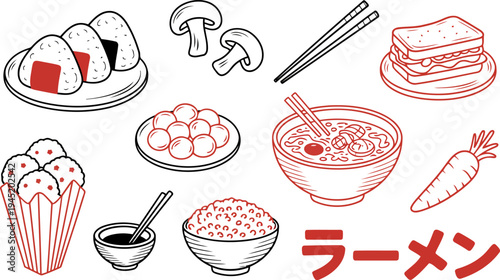 Japanese food vector collection with ramen bowl onigiri sushi rice dango and mushrooms for restaurant menus and Asian cuisine designs
