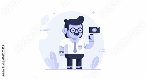 A stylized man in a shirt and tie holds a camera to take a picture