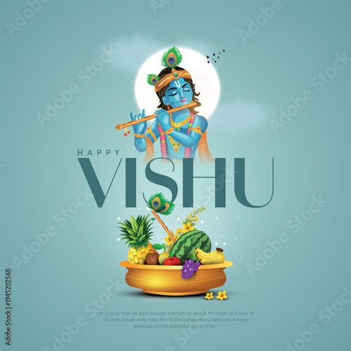 Happy vishu greetings. fruits decoration bowl. Kerala vishu festival vishukkani design. Creative vector illustration.