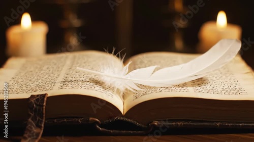 Ancient open book, white feather quill, aged pages. Warm candlelight glowing, evokes deep thought, profound knowledge, wisdom, literary inspiration