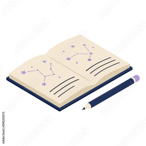 An illustration of an open notebook with constellation drawings and a pencil on a plain surface