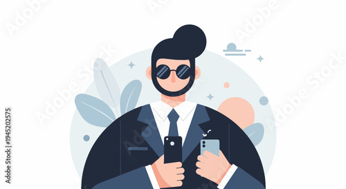 A stylized man in a suit and sunglasses holds two phones