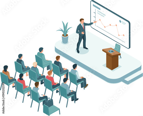 Business presentation, corporate meeting, professional speaker, financial chart analysis, conference seminar, leadership training, business strategy, audience listening session