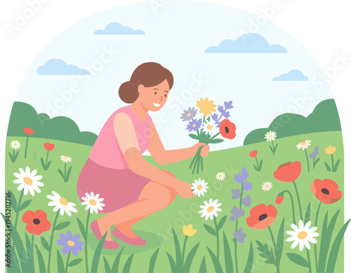 Woman picking colorful flowers in a lush green field on a sunny day