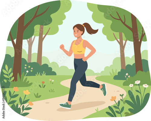 Woman jogging on a winding path through a lush forest with trees and flowers.