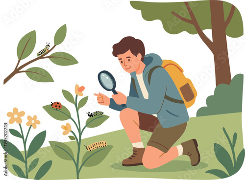 Man examines insects on plants in a forest with a magnifying glass closely